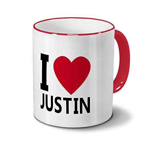 Tasse mit Namen Justin - Motiv I Love Justin - Namenstasse, Kaffeebecher, Mug, Becher, Kaffeetasse - Farbe Rot von printplanet