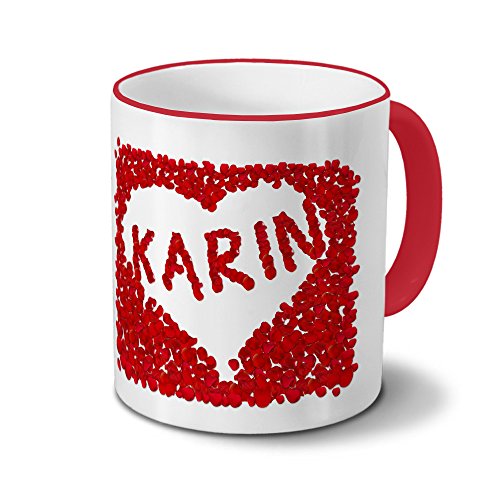 printplanet Tasse mit Namen Karin - Motiv Blumenherz - Namenstasse, Kaffeebecher, Mug, Becher, Kaffeetasse - Farbe Rot von printplanet