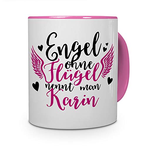 printplanet Tasse mit Namen Karin - Motiv Engel - Namenstasse, Kaffeebecher, Mug, Becher, Kaffeetasse - Farbe Rosa von printplanet