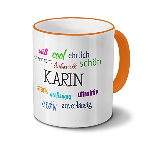 printplanet Tasse mit Namen Karin - Positive Eigenschaften von Karin - Namenstasse, Kaffeebecher, Mug, Becher, Kaffeetasse - Farbe Orange von printplanet