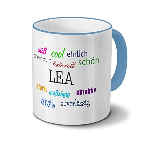 printplanet Tasse mit Namen Lea - Positive Eigenschaften von Lea - Namenstasse, Kaffeebecher, Mug, Becher, Kaffeetasse - Farbe Hellblau von printplanet