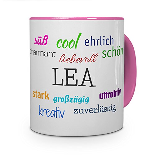 printplanet Tasse mit Namen Lea - Positive Eigenschaften von Lea - Namenstasse, Kaffeebecher, Mug, Becher, Kaffeetasse - Farbe Rosa von printplanet