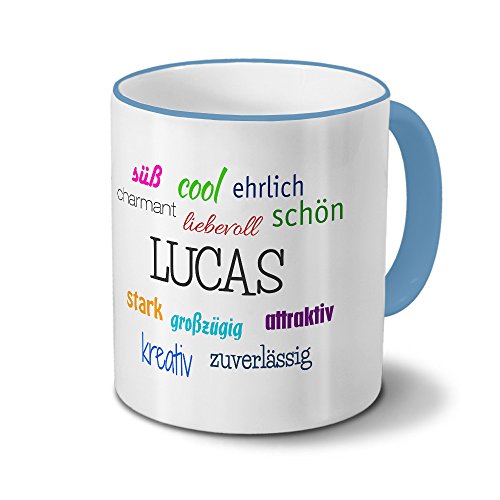 printplanet Tasse mit Namen Lucas - Positive Eigenschaften von Lucas - Namenstasse, Kaffeebecher, Mug, Becher, Kaffeetasse - Farbe Hellblau von printplanet