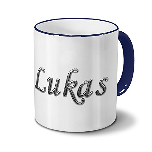 printplanet Tasse mit Namen Lukas - Motiv Chrom-Schriftzug - Namenstasse, Kaffeebecher, Mug, Becher, Kaffeetasse - Farbe Blau von printplanet