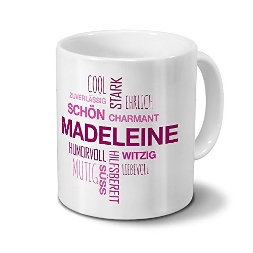 printplanet Tasse mit Namen Madeleine Positive Eigenschaften Tagcloud - Pink - Namenstasse, Kaffeebecher, Mug, Becher, Kaffeetasse von printplanet