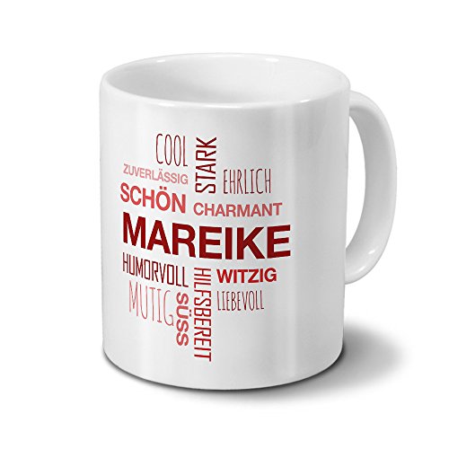 printplanet Tasse mit Namen Mareike Positive Eigenschaften Tagcloud - Rot - Namenstasse, Kaffeebecher, Mug, Becher, Kaffeetasse von printplanet