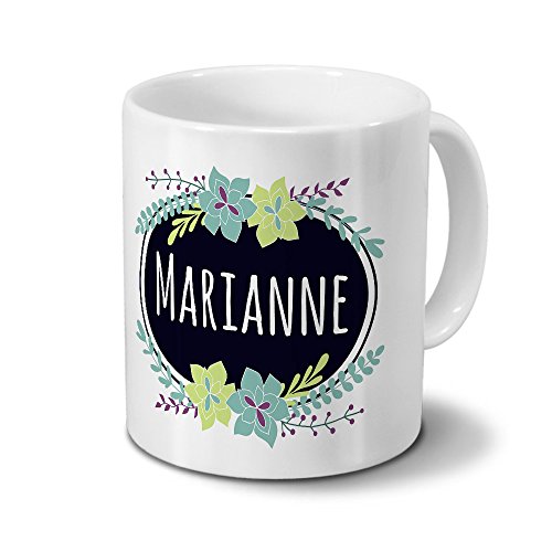 printplanet Tasse mit Namen Marianne - Motiv Flowers - Namenstasse, Kaffeebecher, Mug, Becher, Kaffeetasse - Farbe Weiß von printplanet