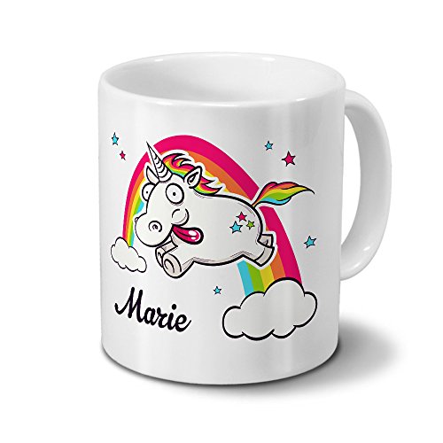 printplanet Tasse mit Namen Marie - Motiv Verrücktes Einhorn - Namenstasse, Kaffeebecher, Mug, Becher, Kaffeetasse - Farbe Weiß von printplanet
