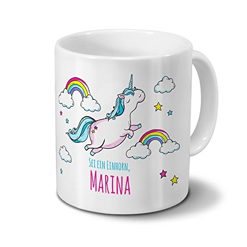 printplanet Tasse mit Namen Marina - Motiv Dickes Einhorn - Namenstasse, Kaffeebecher, Mug, Becher, Kaffeetasse - Farbe Weiß von printplanet