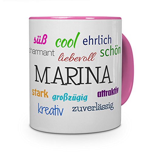 printplanet Tasse mit Namen Marina - Positive Eigenschaften von Marina - Namenstasse, Kaffeebecher, Mug, Becher, Kaffeetasse - Farbe Rosa von printplanet