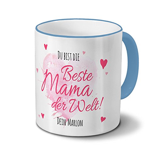 printplanet Tasse mit Namen Marlon - Motiv Du bist die Beste Mama der Welt - Namenstasse, Kaffeebecher, Mug, Becher, Kaffeetasse - Farbe Hellblau von printplanet