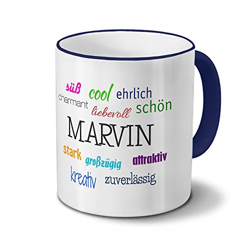 printplanet Tasse mit Namen Marvin - Positive Eigenschaften von Marvin - Namenstasse, Kaffeebecher, Mug, Becher, Kaffeetasse - Farbe Blau von printplanet