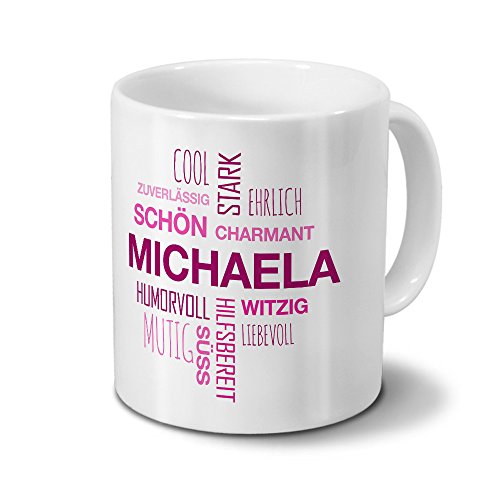 printplanet Tasse mit Namen Michaela Positive Eigenschaften Tagcloud - Pink - Namenstasse, Kaffeebecher, Mug, Becher, Kaffeetasse von printplanet