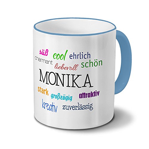 printplanet Tasse mit Namen Monika - Positive Eigenschaften von Monika - Namenstasse, Kaffeebecher, Mug, Becher, Kaffeetasse - Farbe Hellblau von printplanet