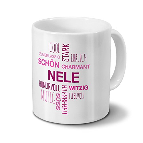printplanet Tasse mit Namen Nele Positive Eigenschaften Tagcloud - Pink - Namenstasse, Kaffeebecher, Mug, Becher, Kaffeetasse von printplanet