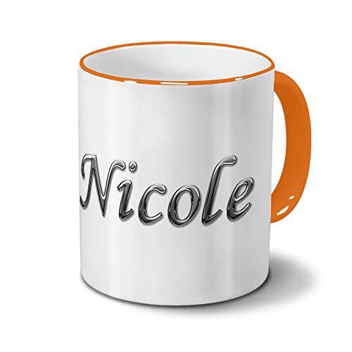 printplanet Tasse mit Namen Nicole - Motiv Chrom-Schriftzug - Namenstasse, Kaffeebecher, Mug, Becher, Kaffeetasse - Farbe Orange von printplanet