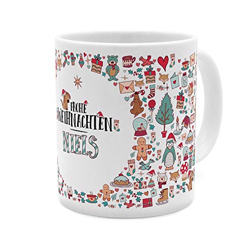 printplanet Tasse mit Namen Niels - Motiv Frohe Weihnachten - Namenstasse, Kaffeebecher, Mug, Becher, Kaffeetasse - Farbe Weiß von printplanet