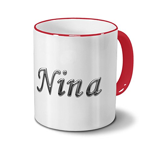 printplanet Tasse mit Namen Nina - Motiv Chrom-Schriftzug - Namenstasse, Kaffeebecher, Mug, Becher, Kaffeetasse - Farbe Rot von printplanet