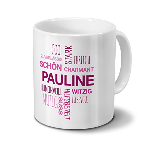 printplanet Tasse mit Namen Pauline Positive Eigenschaften Tagcloud - Pink - Namenstasse, Kaffeebecher, Mug, Becher, Kaffeetasse von printplanet