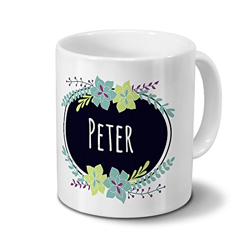 printplanet Tasse mit Namen Peter - Motiv Flowers - Namenstasse, Kaffeebecher, Mug, Becher, Kaffeetasse - Farbe Weiß von printplanet