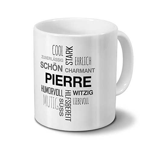 printplanet Tasse mit Namen Pierre Positive Eigenschaften Tagcloud - Schwarz - Namenstasse, Kaffeebecher, Mug, Becher, Kaffeetasse von printplanet