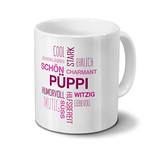 printplanet Tasse mit Namen Püppi Positive Eigenschaften Tagcloud - Pink - Namenstasse, Kaffeebecher, Mug, Becher, Kaffeetasse von printplanet