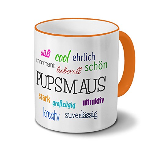 printplanet Tasse mit Namen Pupsmaus - Motiv Positive Eigenschaften - Namenstasse, Kaffeebecher, Mug, Becher, Kaffeetasse - Farbe Orange von printplanet