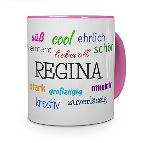 printplanet Tasse mit Namen Regina - Positive Eigenschaften von Regina - Namenstasse, Kaffeebecher, Mug, Becher, Kaffeetasse - Farbe Rosa von printplanet