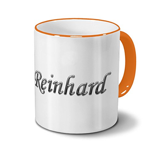 printplanet Tasse mit Namen Reinhard - Motiv Chrom-Schriftzug - Namenstasse, Kaffeebecher, Mug, Becher, Kaffeetasse - Farbe Orange von printplanet