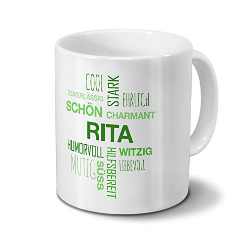 printplanet Tasse mit Namen Rita Positive Eigenschaften Tagcloud - Grün - Namenstasse, Kaffeebecher, Mug, Becher, Kaffeetasse von printplanet