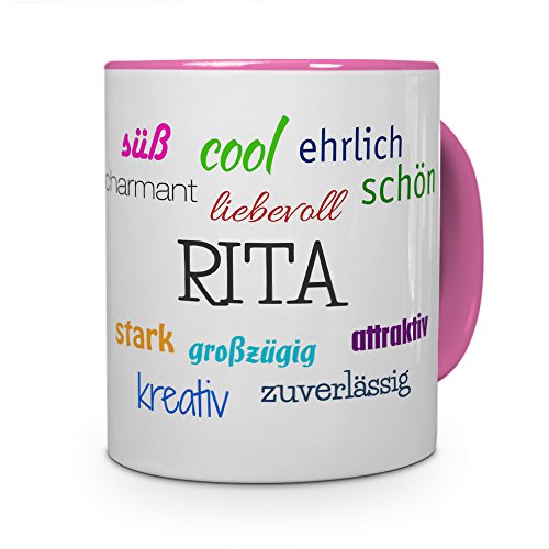 printplanet Tasse mit Namen Rita - Positive Eigenschaften von Rita - Namenstasse, Kaffeebecher, Mug, Becher, Kaffeetasse - Farbe Rosa von printplanet