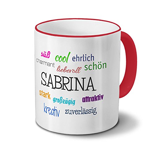 printplanet Tasse mit Namen Sabrina - Positive Eigenschaften von Sabrina - Namenstasse, Kaffeebecher, Mug, Becher, Kaffeetasse - Farbe Rot von printplanet