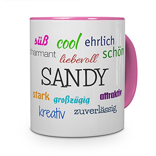 printplanet Tasse mit Namen Sandy - Positive Eigenschaften von Sandy - Namenstasse, Kaffeebecher, Mug, Becher, Kaffeetasse - Farbe Rosa von printplanet