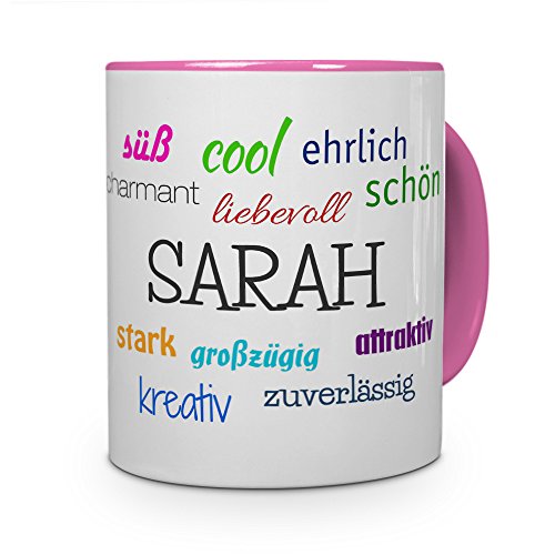 printplanet Tasse mit Namen Sarah - Positive Eigenschaften von Sarah - Namenstasse, Kaffeebecher, Mug, Becher, Kaffeetasse - Farbe Rosa von printplanet