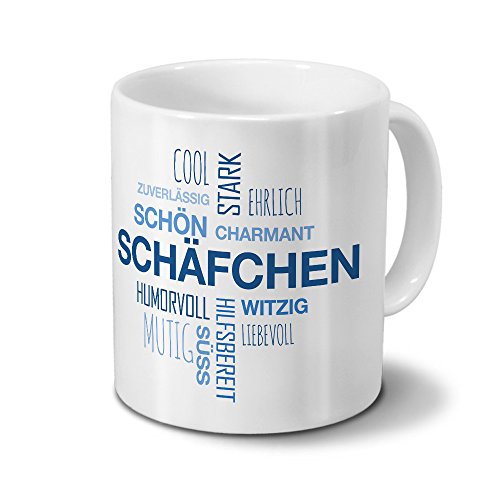 printplanet Tasse mit Namen Schäfchen Positive Eigenschaften Tagcloud - Blau - Namenstasse, Kaffeebecher, Mug, Becher, Kaffeetasse von printplanet