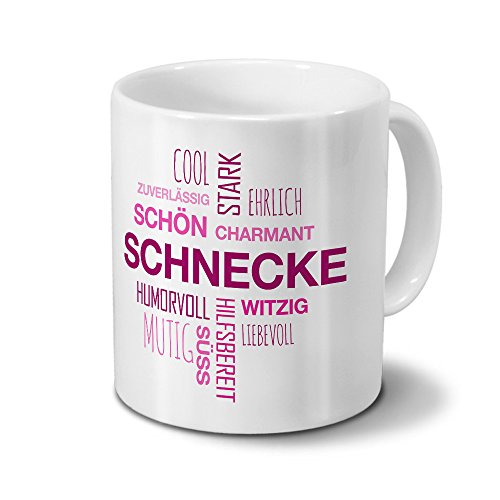 printplanet Tasse mit Namen Schnecke Positive Eigenschaften Tagcloud - Pink - Namenstasse, Kaffeebecher, Mug, Becher, Kaffeetasse von printplanet