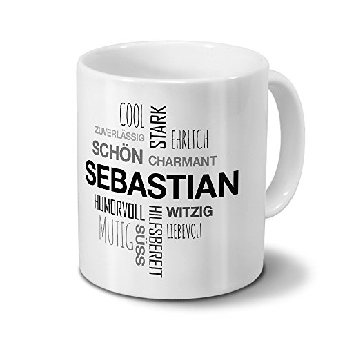 printplanet Tasse mit Namen Sebastian Positive Eigenschaften Tagcloud - Schwarz - Namenstasse, Kaffeebecher, Mug, Becher, Kaffeetasse von printplanet