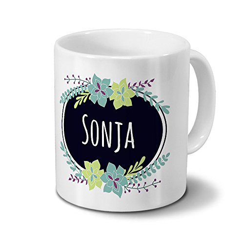 printplanet Tasse mit Namen Sonja - Motiv Flowers - Namenstasse, Kaffeebecher, Mug, Becher, Kaffeetasse - Farbe Weiß von printplanet