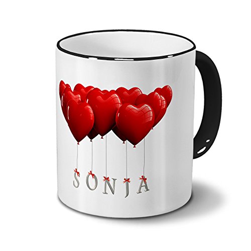 printplanet Tasse mit Namen Sonja - Motiv Herzballons - Namenstasse, Kaffeebecher, Mug, Becher, Kaffeetasse - Farbe Schwarz von printplanet
