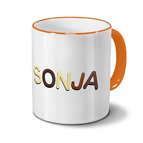 printplanet Tasse mit Namen Sonja - Motiv Schokoladenbuchstaben - Namenstasse, Kaffeebecher, Mug, Becher, Kaffeetasse - Farbe Orange von printplanet