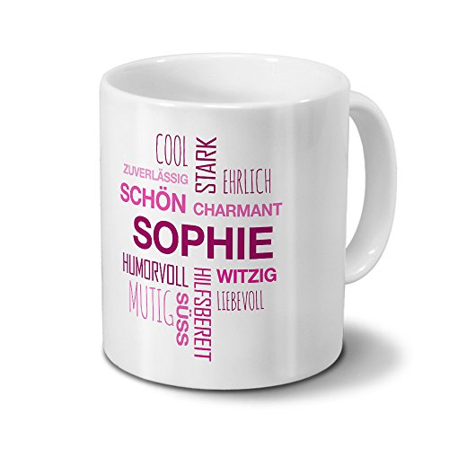 printplanet Tasse mit Namen Sophie Positive Eigenschaften Tagcloud - Pink - Namenstasse, Kaffeebecher, Mug, Becher, Kaffeetasse von printplanet