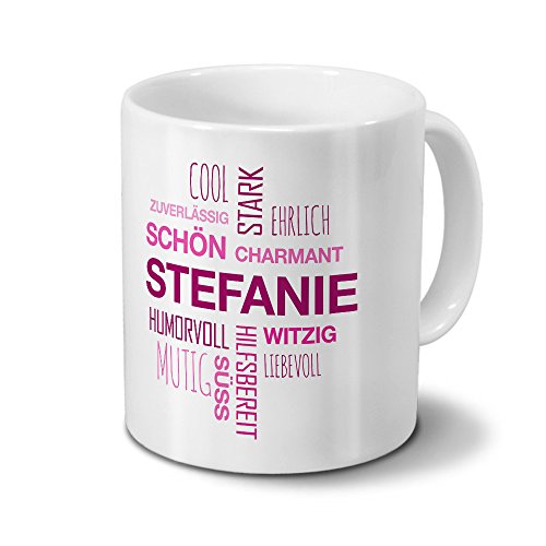printplanet Tasse mit Namen Stefanie Positive Eigenschaften Tagcloud - Pink - Namenstasse, Kaffeebecher, Mug, Becher, Kaffeetasse von printplanet