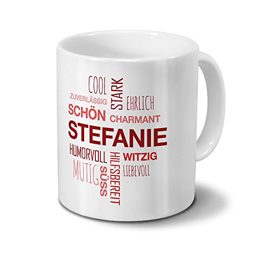 printplanet Tasse mit Namen Stefanie Positive Eigenschaften Tagcloud - Rot - Namenstasse, Kaffeebecher, Mug, Becher, Kaffeetasse von printplanet