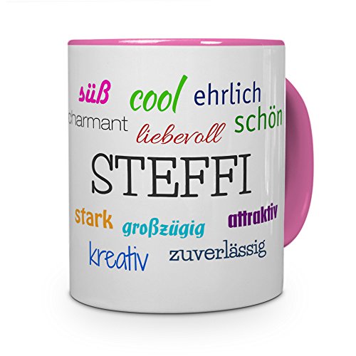 printplanet Tasse mit Namen Steffi - Positive Eigenschaften von Steffi - Namenstasse, Kaffeebecher, Mug, Becher, Kaffeetasse - Farbe Rosa von printplanet
