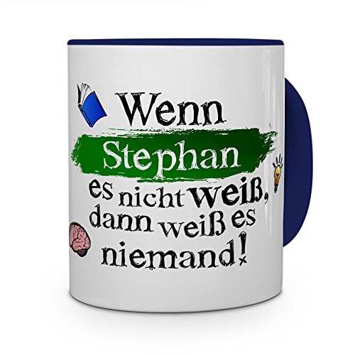 printplanet Tasse mit Namen Stephan - Layout: Wenn Stephan es Nicht weiß, dann weiß es niemand - Namenstasse, Kaffeebecher, Mug, Becher, Kaffee-Tasse - Farbe Blau von printplanet