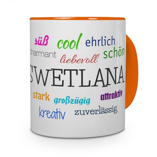 printplanet Tasse mit Namen Swetlana - Positive Eigenschaften von Swetlana - Namenstasse, Kaffeebecher, Mug, Becher, Kaffeetasse - Farbe Orange von printplanet