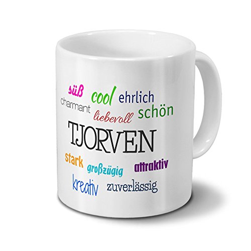 printplanet Tasse mit Namen Tjorven - Motiv Positive Eigenschaften - Namenstasse, Kaffeebecher, Mug, Becher, Kaffeetasse - Farbe Weiß von printplanet