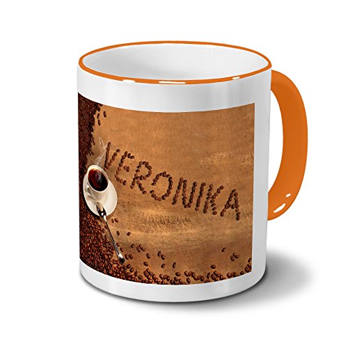 printplanet Tasse mit Namen Veronika - Motiv Kaffeebohnen - Namenstasse, Kaffeebecher, Mug, Becher, Kaffeetasse - Farbe Orange von printplanet