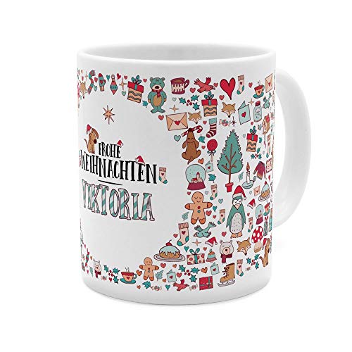 printplanet Tasse mit Namen Viktoria - Motiv Frohe Weihnachten - Namenstasse, Kaffeebecher, Mug, Becher, Kaffeetasse - Farbe Weiß von printplanet