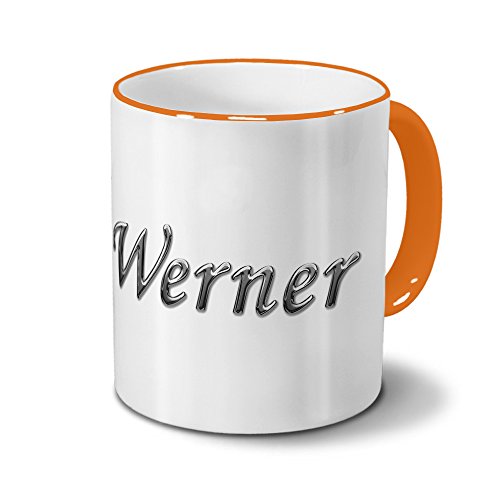 printplanet Tasse mit Namen Werner - Motiv Chrom-Schriftzug - Namenstasse, Kaffeebecher, Mug, Becher, Kaffeetasse - Farbe Orange von printplanet